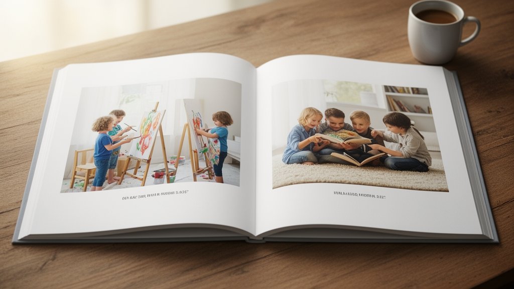 Printed classroom photo book open on a table