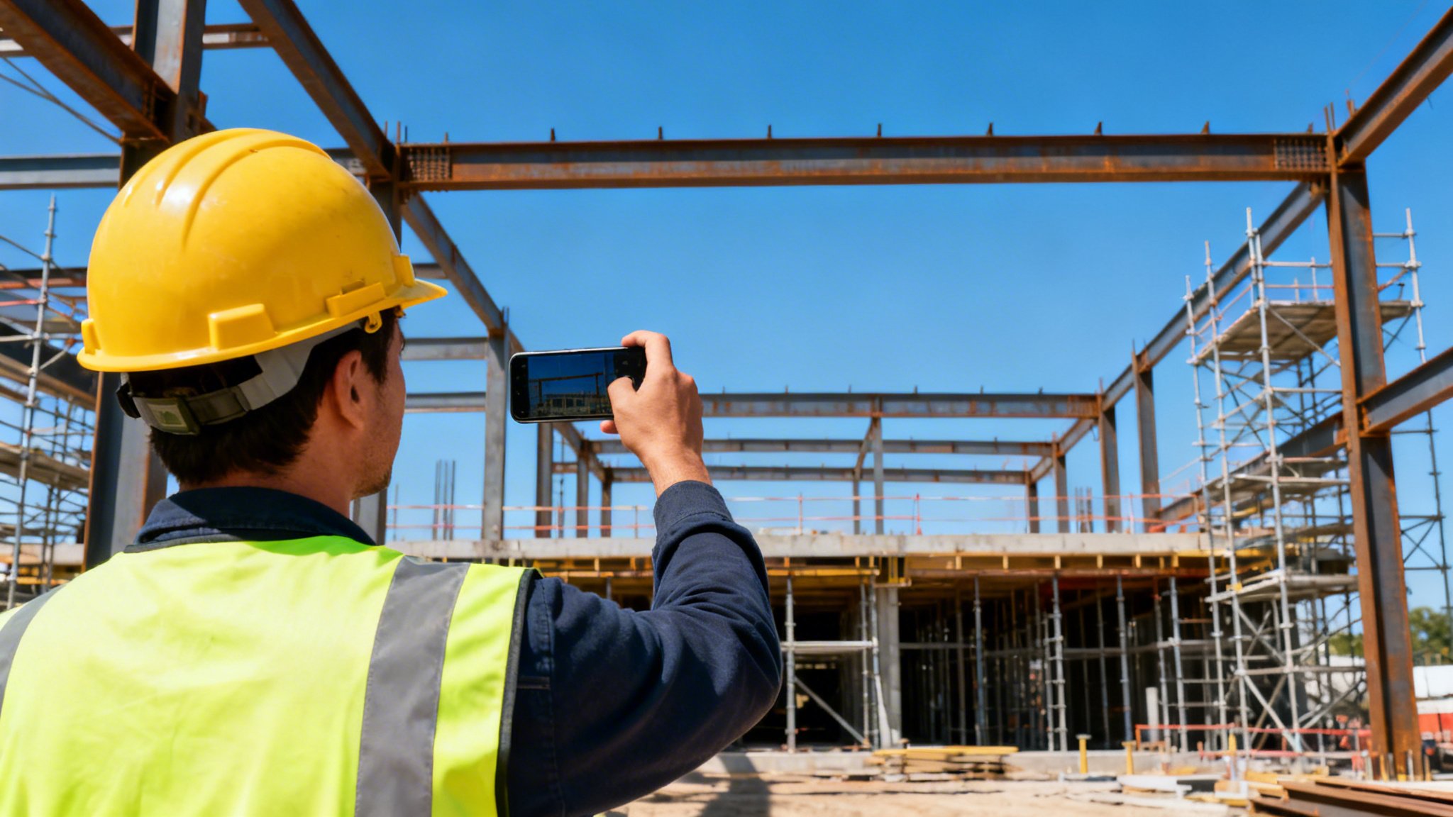 Construction worker photographing a job site