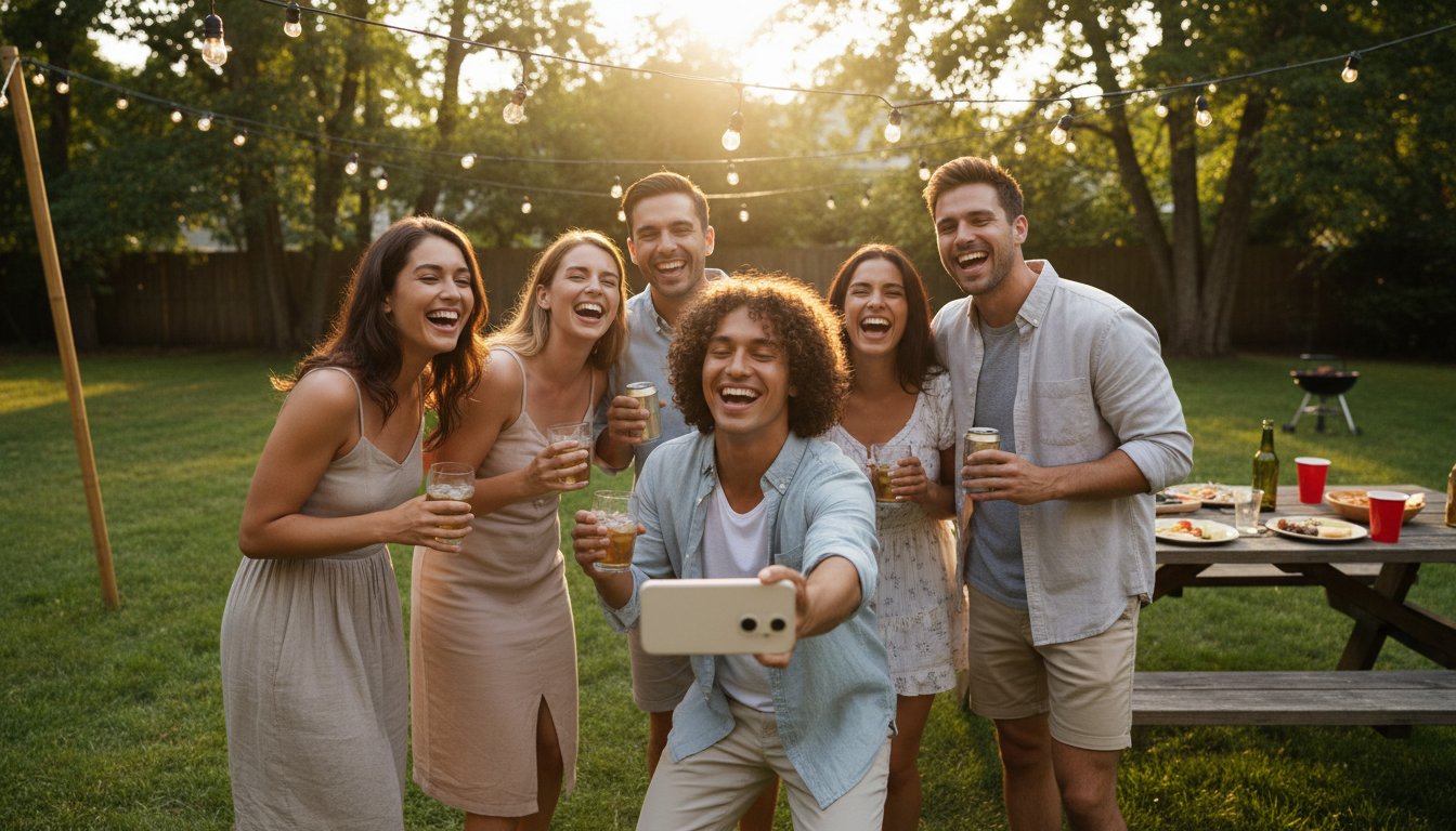 Friends taking a group selfie at a gathering