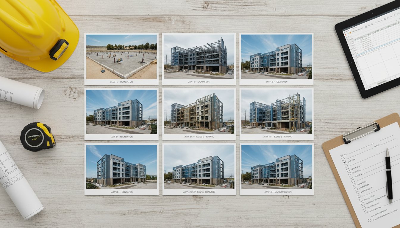 Job site photos spread on a desk for documentation