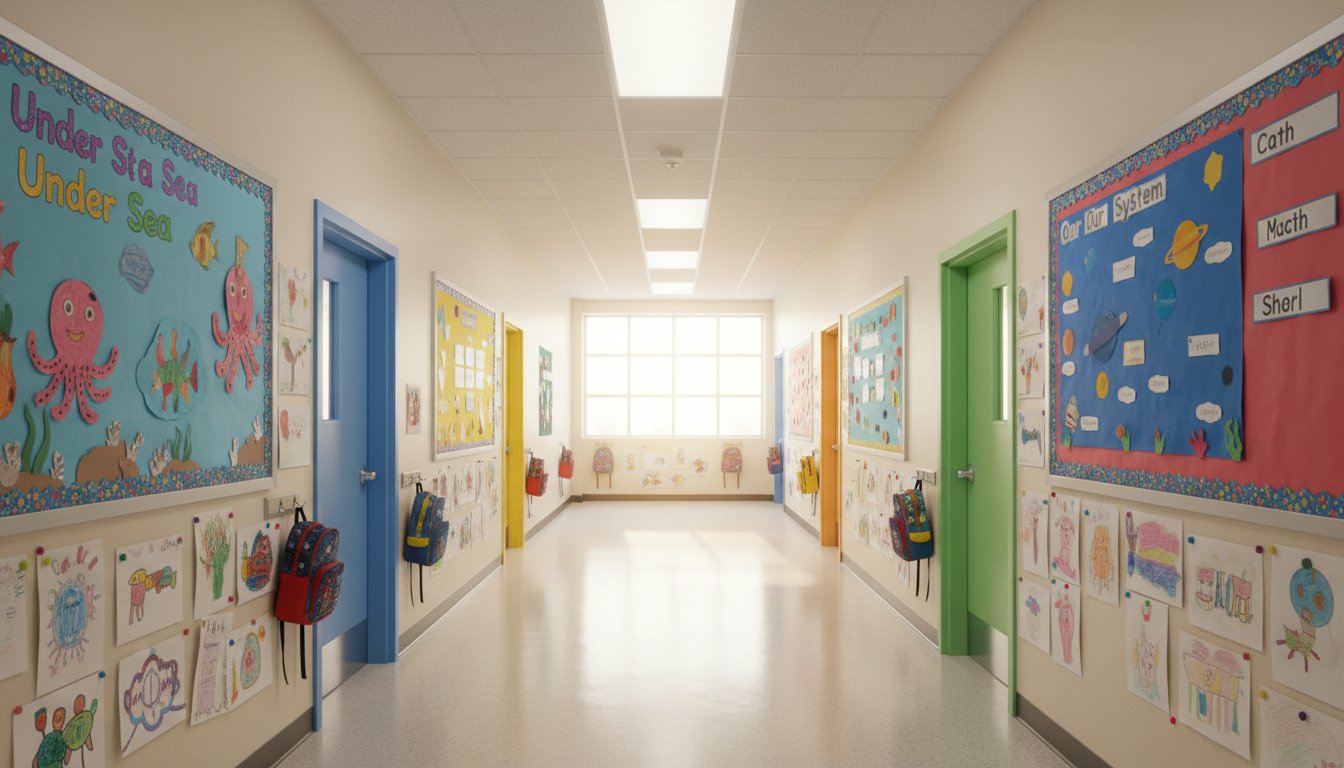 Bright elementary school hallway with classroom doors