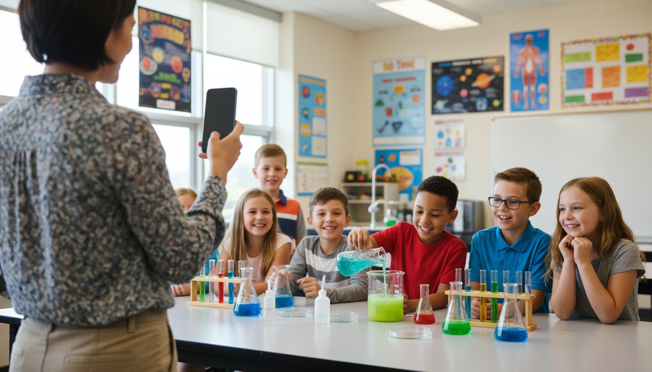 Teacher photographing students during a science experiment