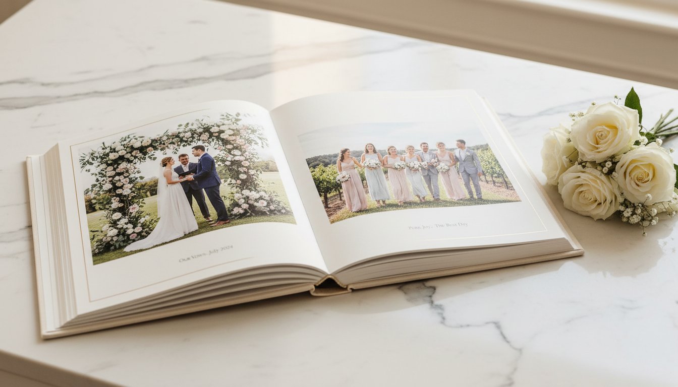 Elegant wedding photo book on a table with flowers